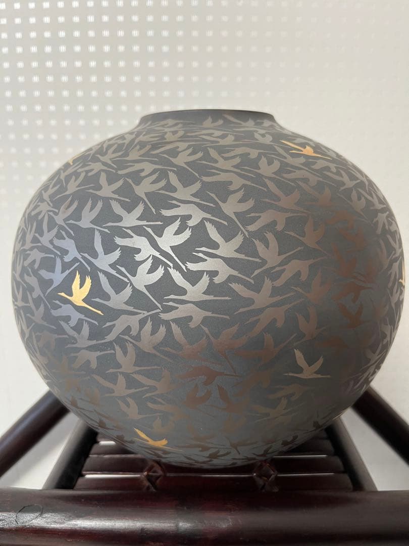 萬古輝彩鶴文壺、醉月窯、陶器、工芸品、古美術、花器、壺、飾り