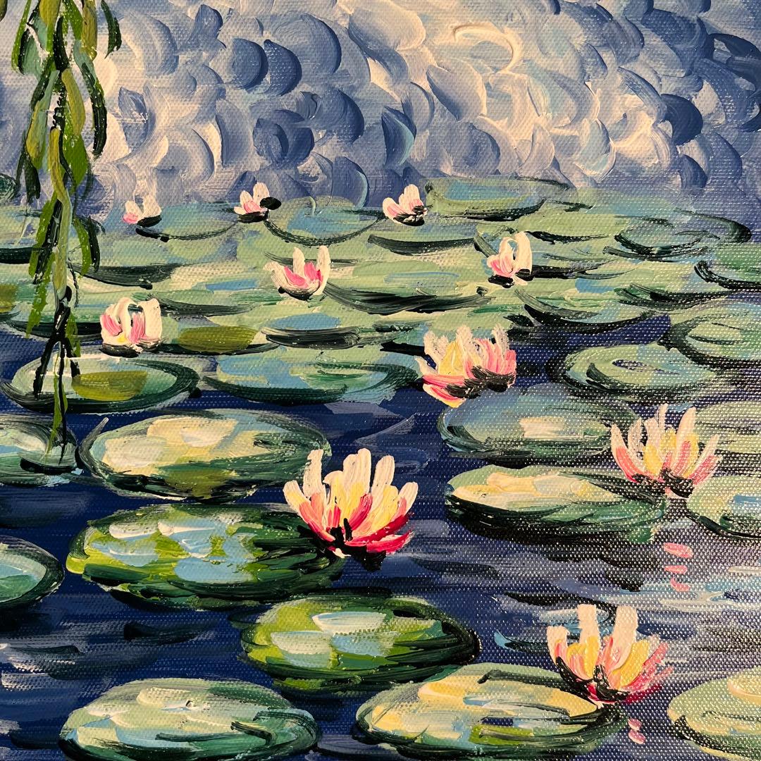 手書き油絵 クロード・モネ 柳睡蓮 額付 肉筆絵画 インテリア 油彩画