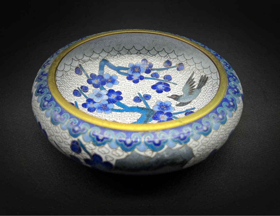 中國美術 古玩 景泰藍 京法 七宝焼 梅 鳥 石紋樣笔洗 書道具