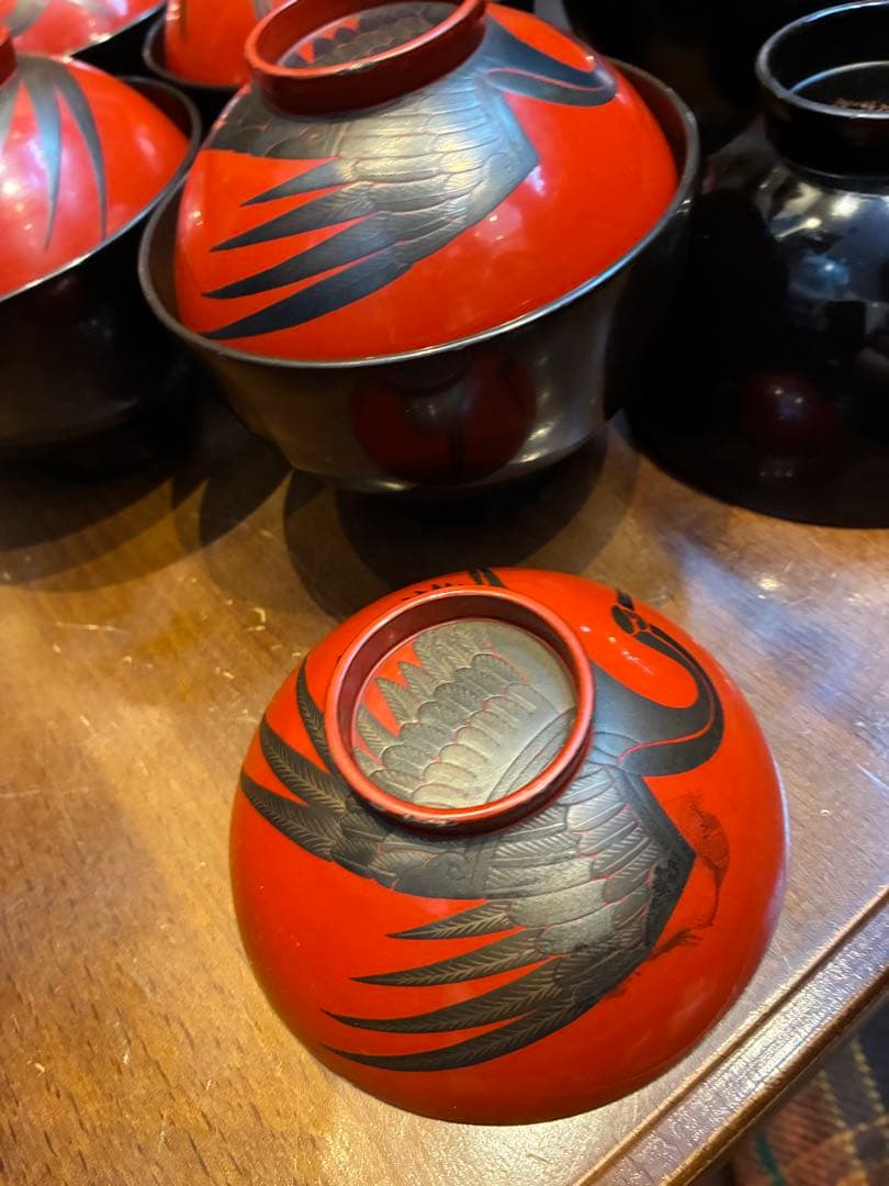 漆器　木製　吸物椀　8客　鶴文　蒔絵　輪島塗