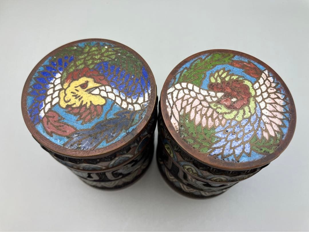 お茶入れ　二つ　清曇製　銅　七宝　時代