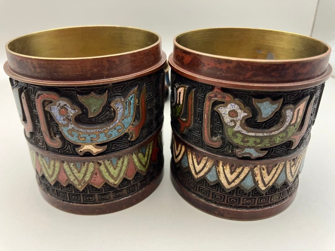 お茶入れ　二つ　清曇製　銅　七宝　時代