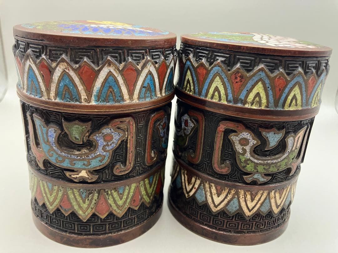 お茶入れ　二つ　清曇製　銅　七宝　時代