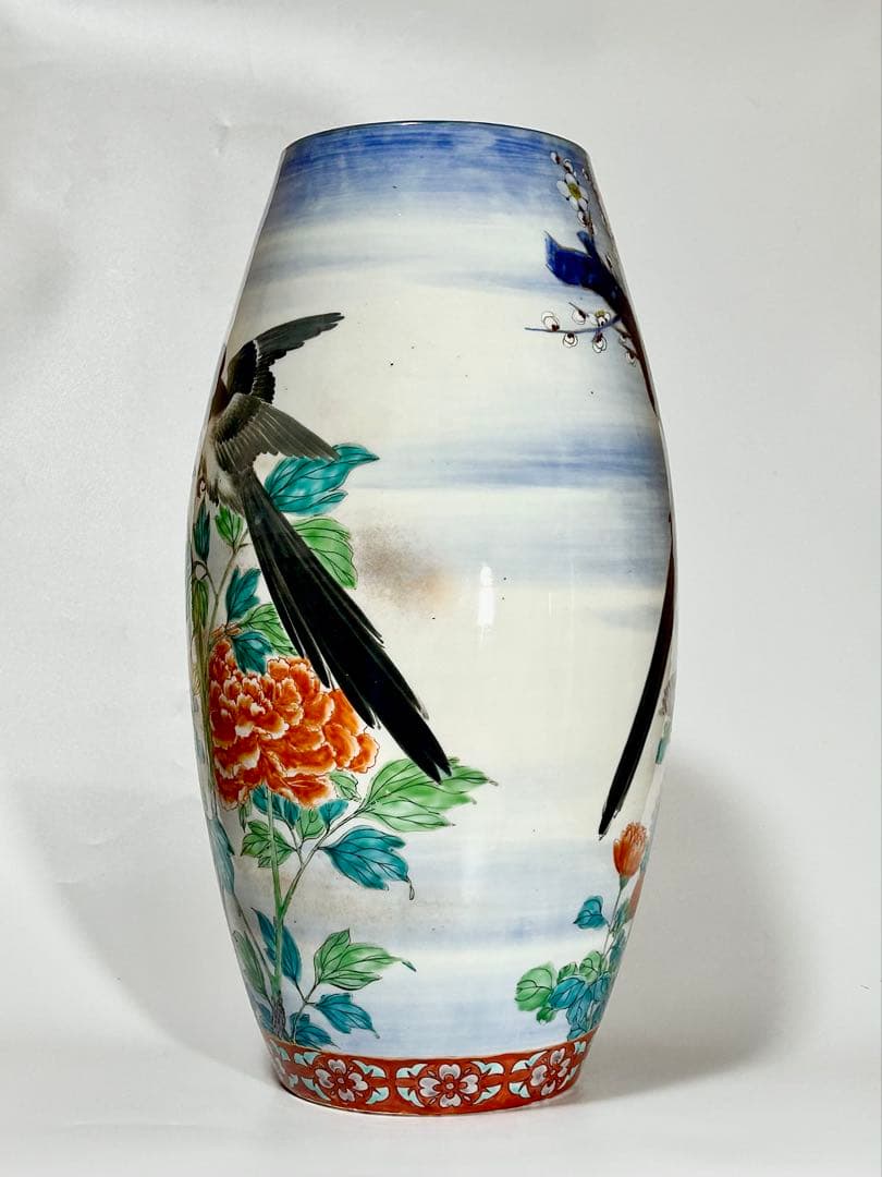 香蘭社 明治初期 釉下彩上絵花鳥図大花瓶 有田 伊万里
