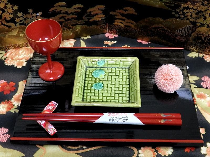 珉平焼　淡路焼　蔦図に網代の図　手塩皿　角皿　２枚　C386 AS-CIh