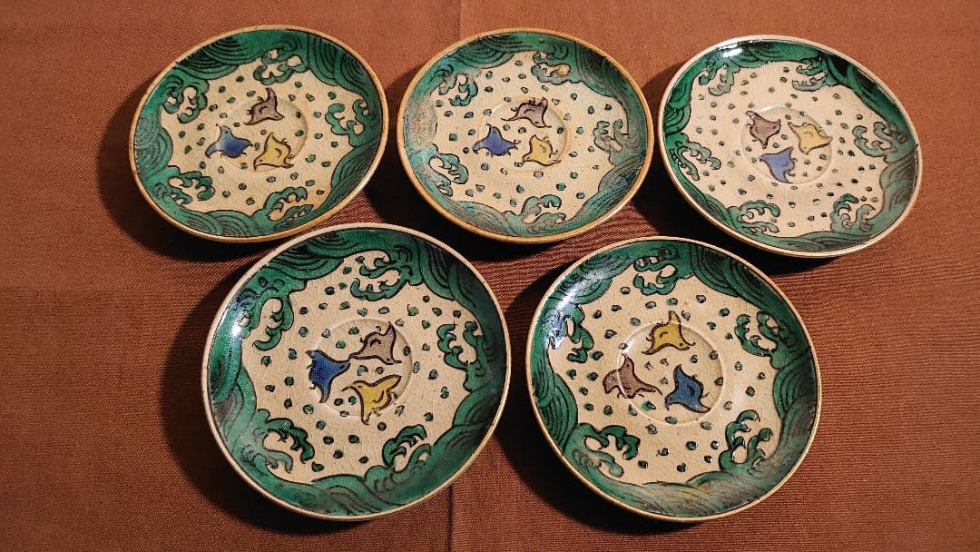 古九谷　九谷焼　青九谷　青手　吉田屋　松山窯　波千鳥　豆皿　菓子皿　蔵出し　５客