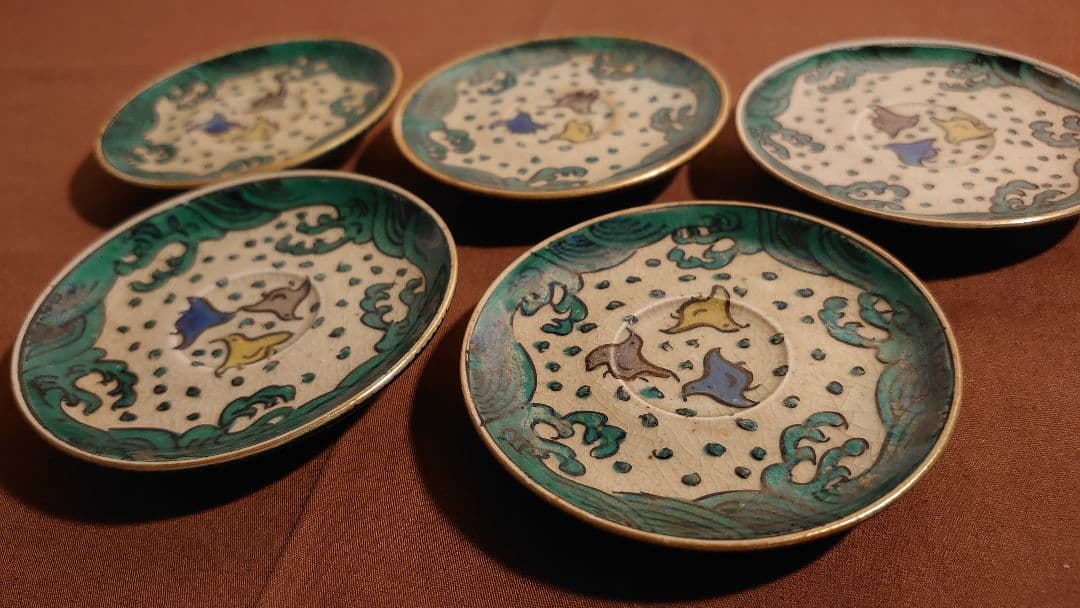 古九谷　九谷焼　青九谷　青手　吉田屋　松山窯　波千鳥　豆皿　菓子皿　蔵出し　５客