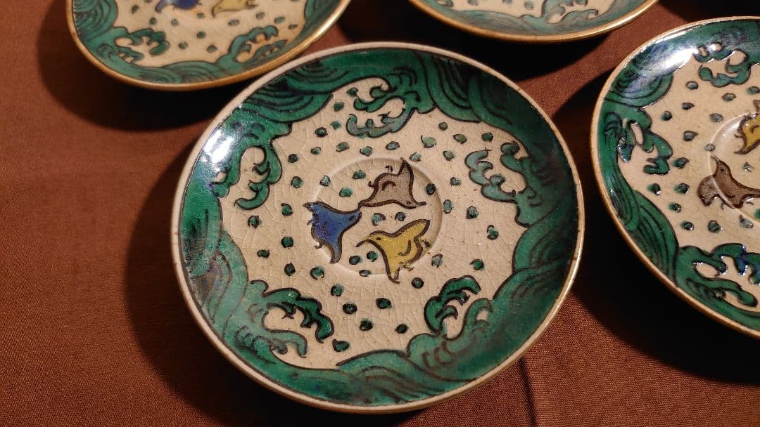 古九谷　九谷焼　青九谷　青手　吉田屋　松山窯　波千鳥　豆皿　菓子皿　蔵出し　５客
