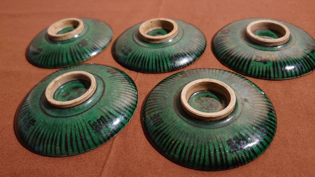 古九谷　九谷焼　青九谷　青手　吉田屋　松山窯　波千鳥　豆皿　菓子皿　蔵出し　５客