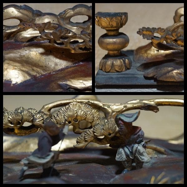 江戸末期一刀彫り高浮彫『渓流龍人物風景図』 木造彩漆金箔張る 欄間飾り立体木彫