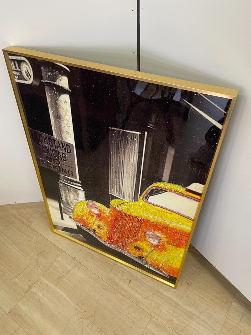 水晶絵　アートパネル　車　ポスター　イエロー　黄　絵画　絵　アート　外車　額縁