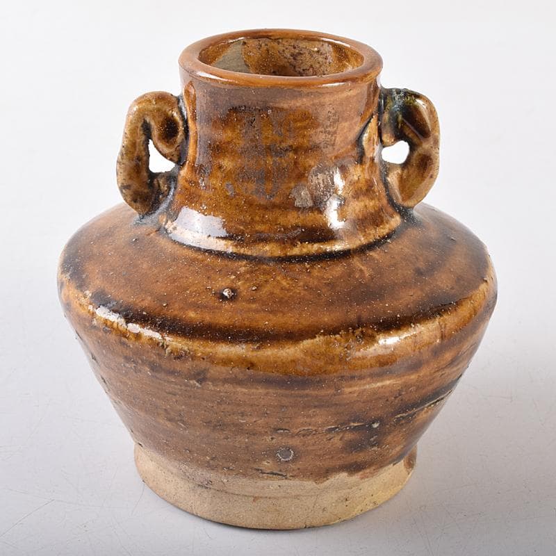 美濃古窯　黄瀬戸釉　耳付壷　袱紗付　時代箱付　D　R8121