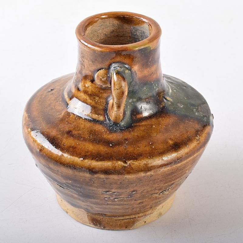 美濃古窯　黄瀬戸釉　耳付壷　袱紗付　時代箱付　D　R8121