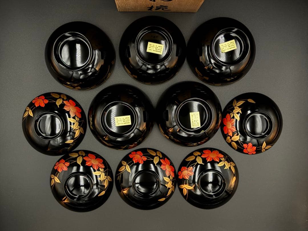 希少　会津塗り　蓋付きお椀5客・茶托５客　セット　漆器　箱付　味噌汁　汁椀