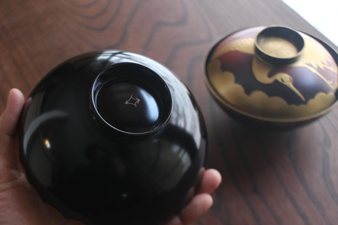 時代逸品！時代金縁黒漆に極上日の出鶴蒔絵の映えるお椀2点（検輪島塗蒔絵椀雑煮椀