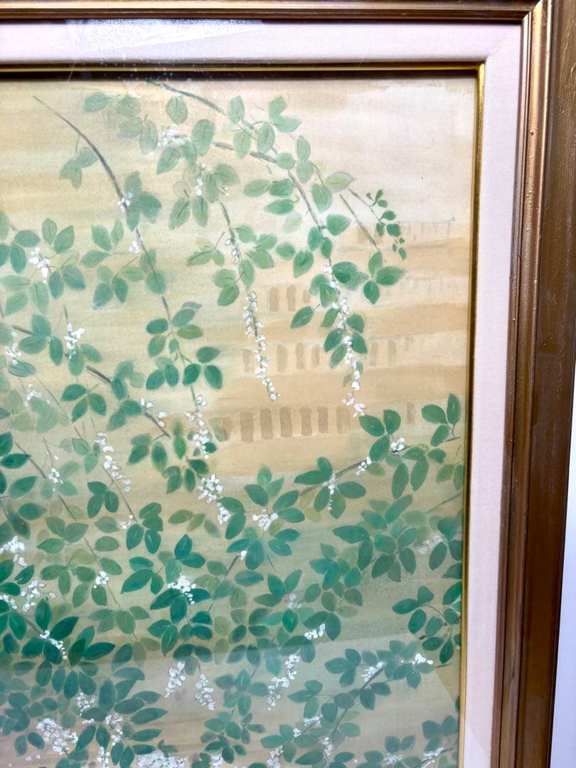 #森山季紫鳥 日本画「白い花と垣根」　額装