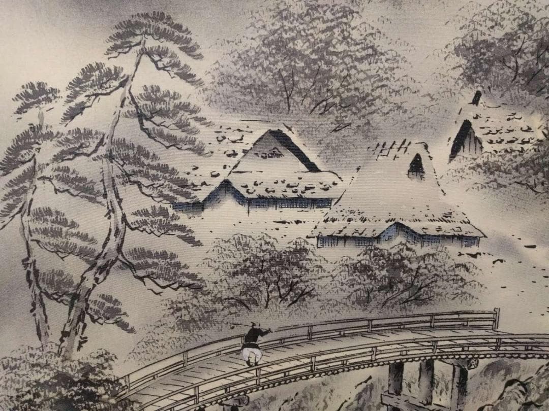 掛軸 秀峰『水墨山水図』日本画 絹本 肉筆 共箱付 良好品 掛け軸 k03031