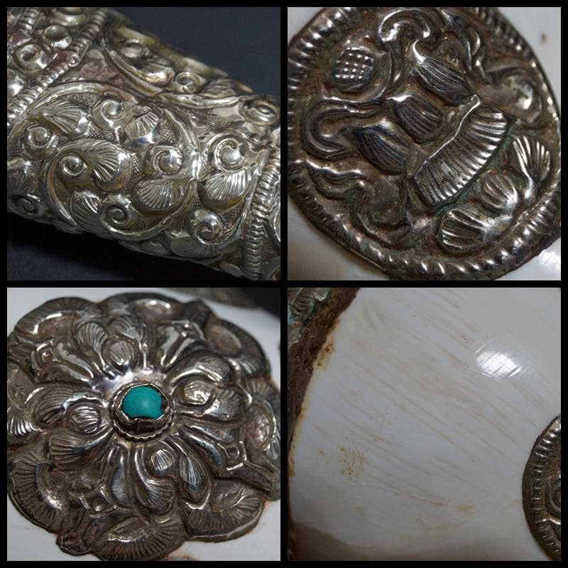 オールドチベット法具大型左巻法螺貝純銀巻きターコイズコーラル象嵌手造り打出し装飾