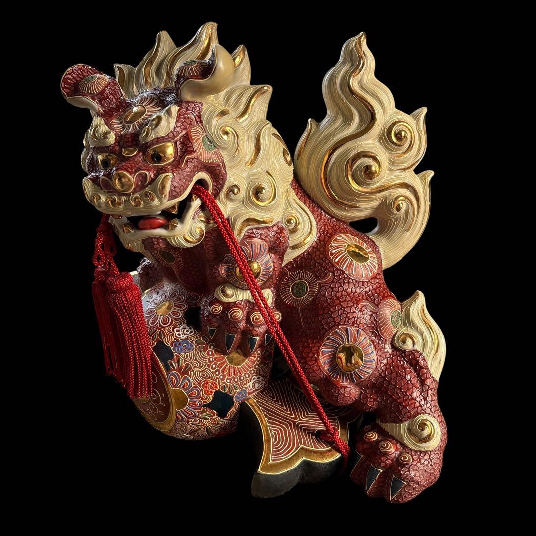 大特価【縁起物】唐獅子　小槌　九谷焼　商売繁盛　置き物　赤　白　金