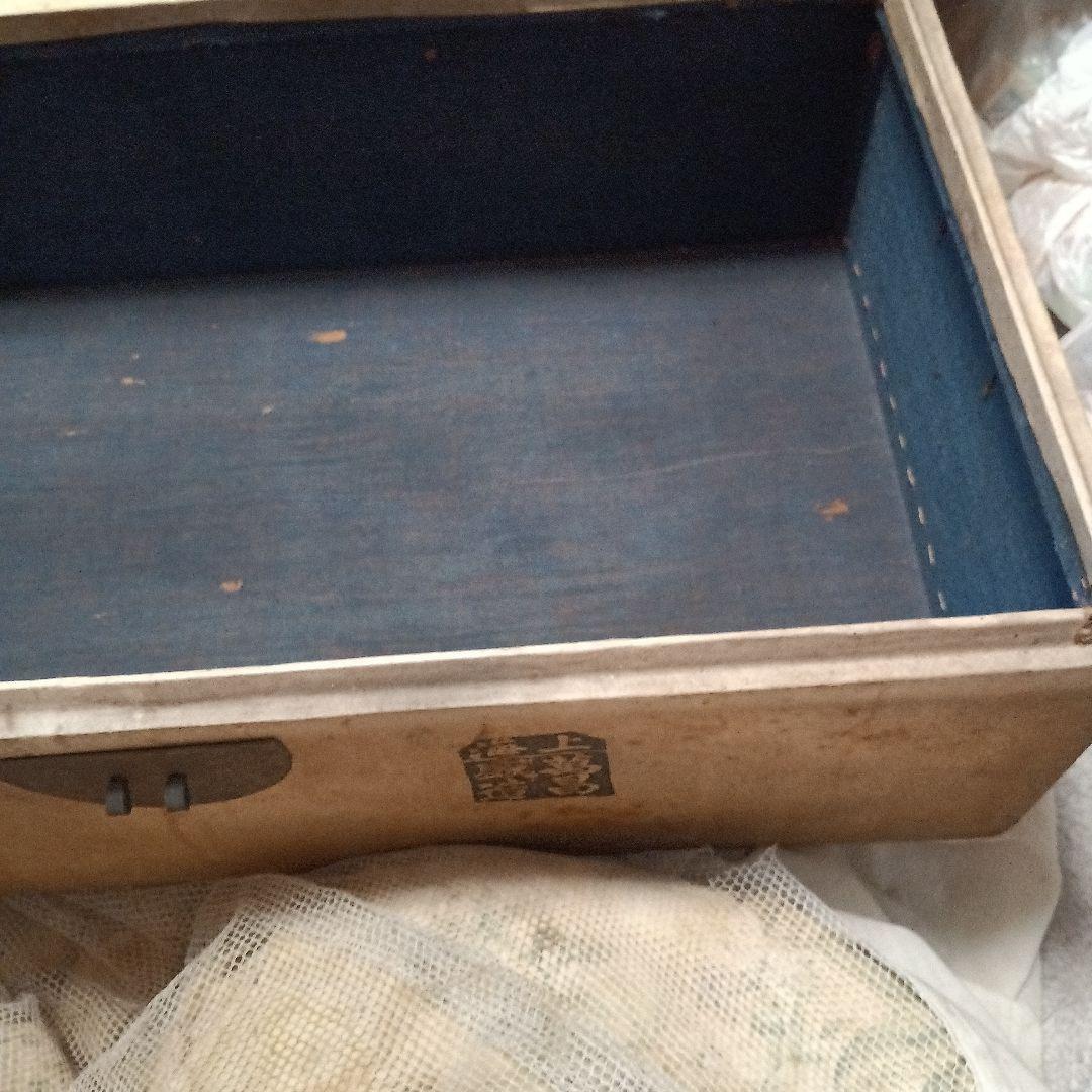 大正レトロ　海上萬昌威造　表面皮　木製箱 青い内装