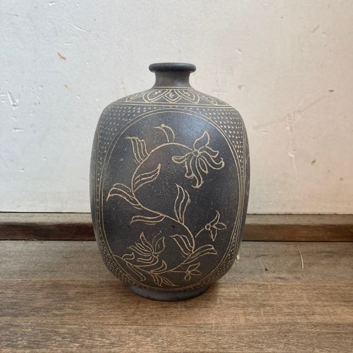 新羅土器 韓国 柳 昌坤 新羅窯 花瓶 在銘 共箱あり 花器 古物22.12.4