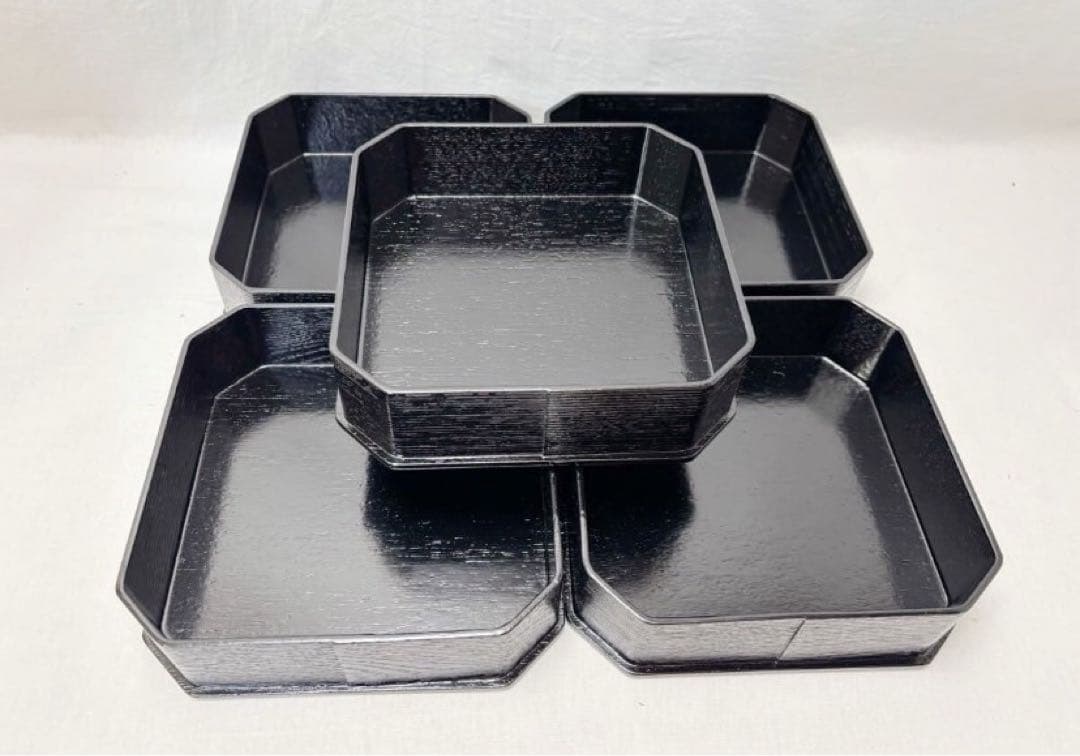 ほぼ未使用 懐石道具 木製柿合塗 5段縁高重 茶懐石 利休好写 天然木 元箱