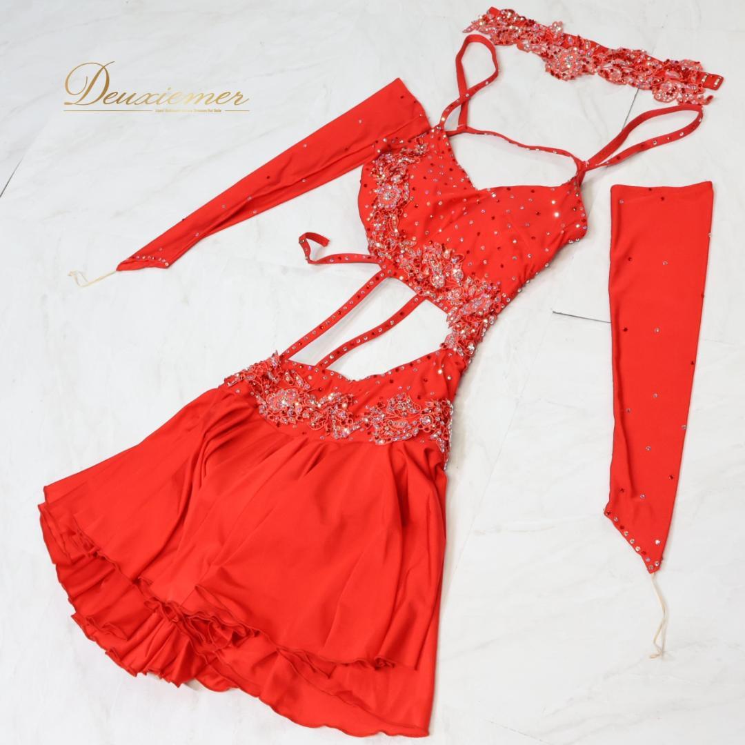 【社交ダンス衣装】レッド ラテン ワンピース ドレス 赤 フリル デモ 競技用