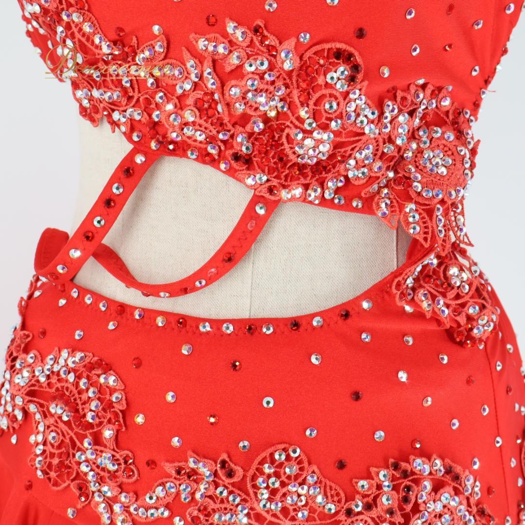 【社交ダンス衣装】レッド ラテン ワンピース ドレス 赤 フリル デモ 競技用