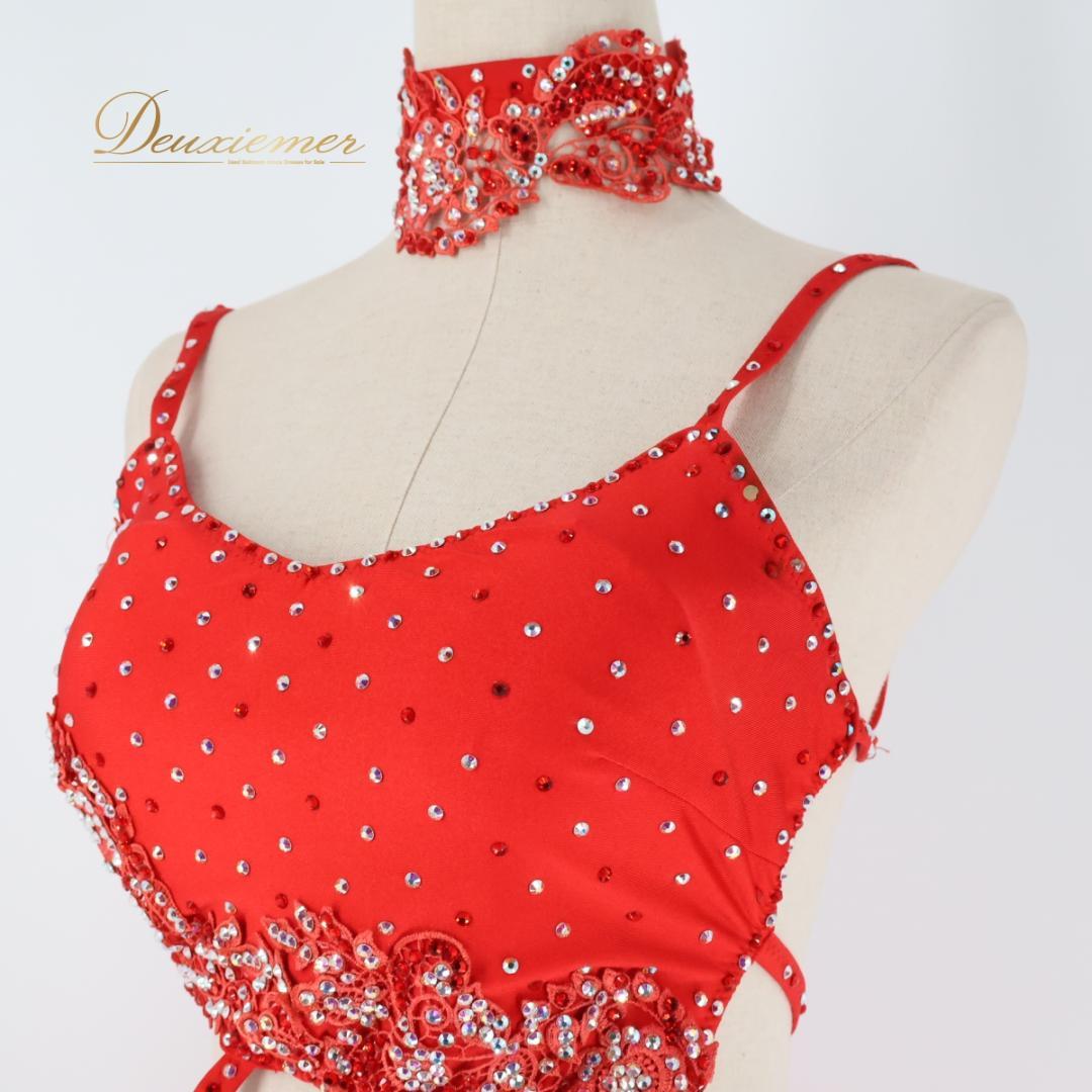 【社交ダンス衣装】レッド ラテン ワンピース ドレス 赤 フリル デモ 競技用