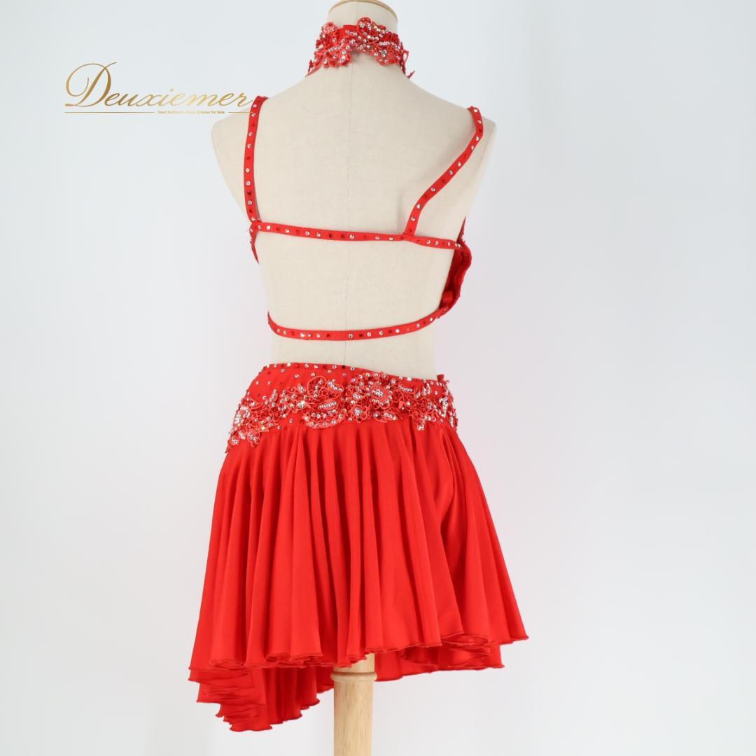 【社交ダンス衣装】レッド ラテン ワンピース ドレス 赤 フリル デモ 競技用