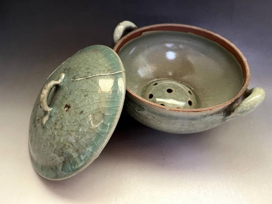 鉢■青磁氷結紋 蓋物 喰籠 高麗青磁 耳付き 直し有り 植木鉢 時代物 骨董■