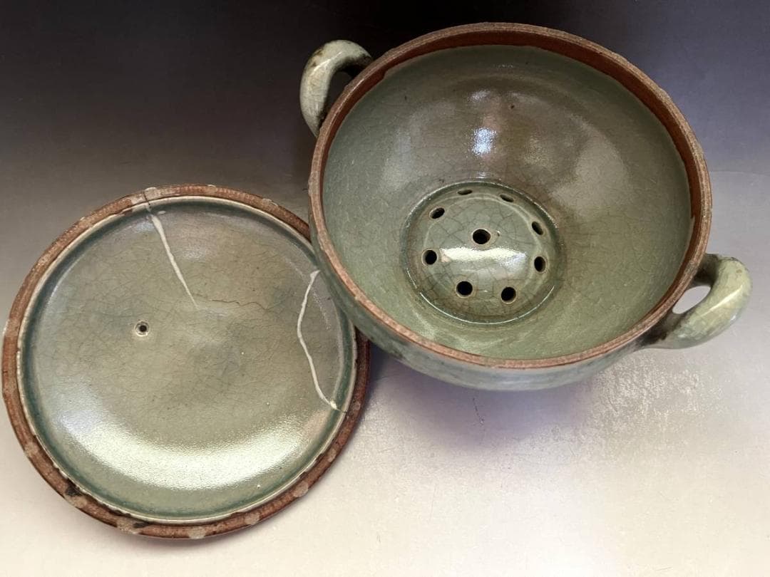 鉢■青磁氷結紋 蓋物 喰籠 高麗青磁 耳付き 直し有り 植木鉢 時代物 骨董■