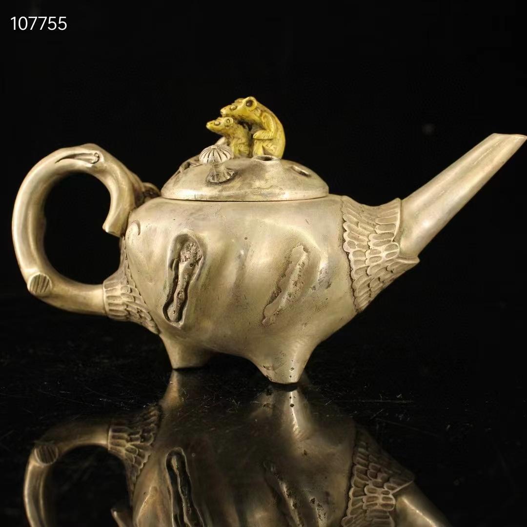 中国古美術· 珍蔵純銅製・純手作り·鎏金鎏銀端把纏枝ネズミ壺・文房具·置物·賞物