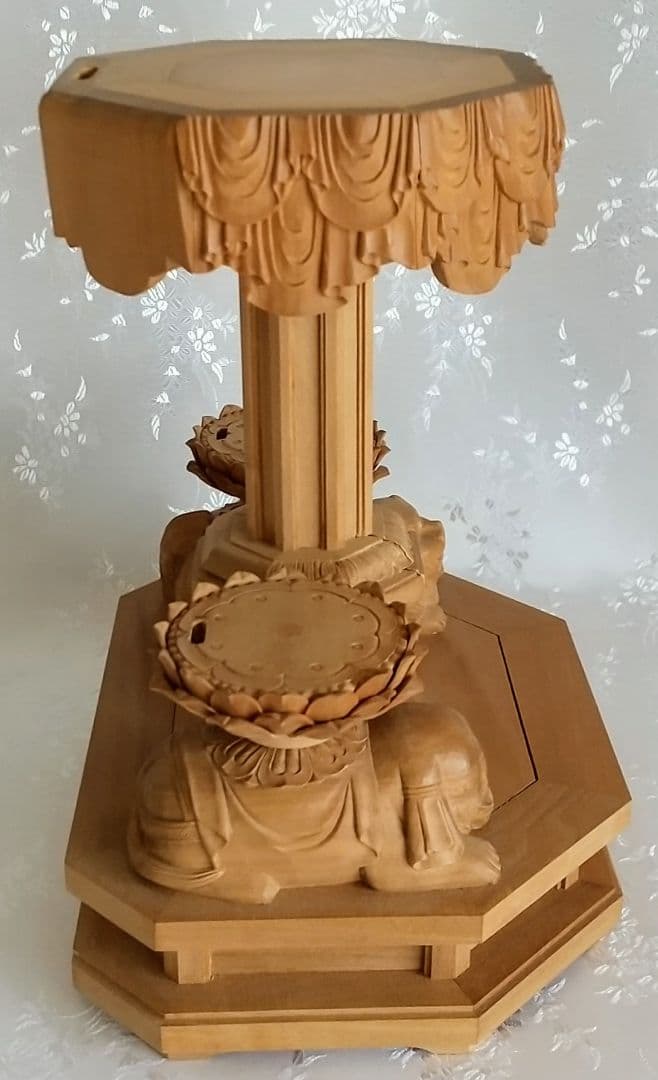 八角三尊台座　釈迦三尊用 獅子・象付き ◆白檀 木彫 仏像付属品