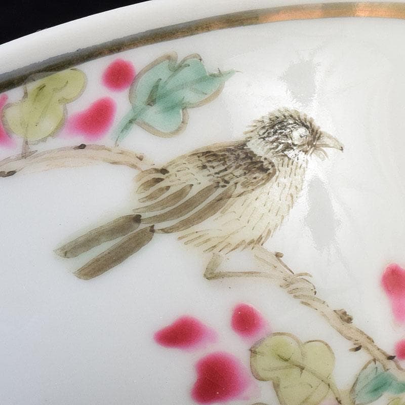 中国　粉彩漢詩花鳥文　煎茶碗　C　R8963