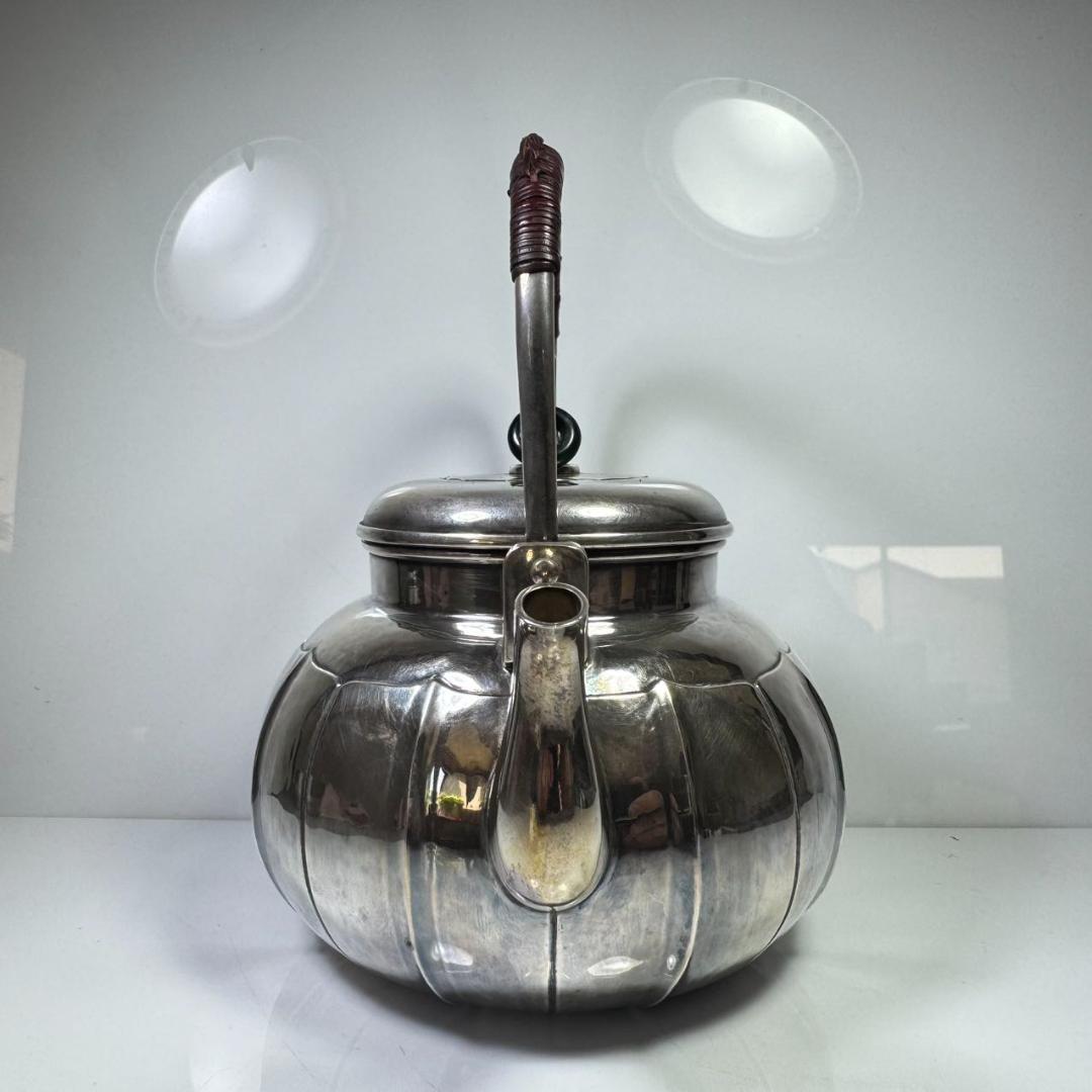 純銀製 一晃斎造 三連環貴石摘 湯沸 煎茶 銀瓶 古美術品 やかん 純銀保証