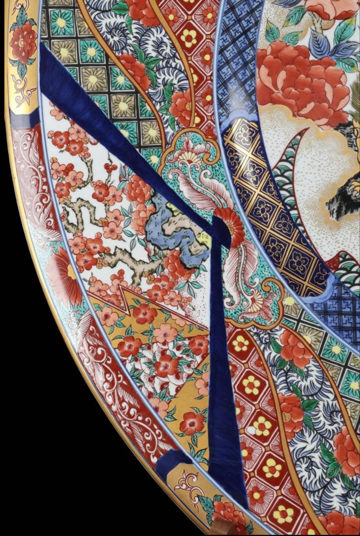 有田焼 神右エ門作 特大染綿唐獅子図大皿 飾皿 99.5㎝ 皿立付 骨董 古美術