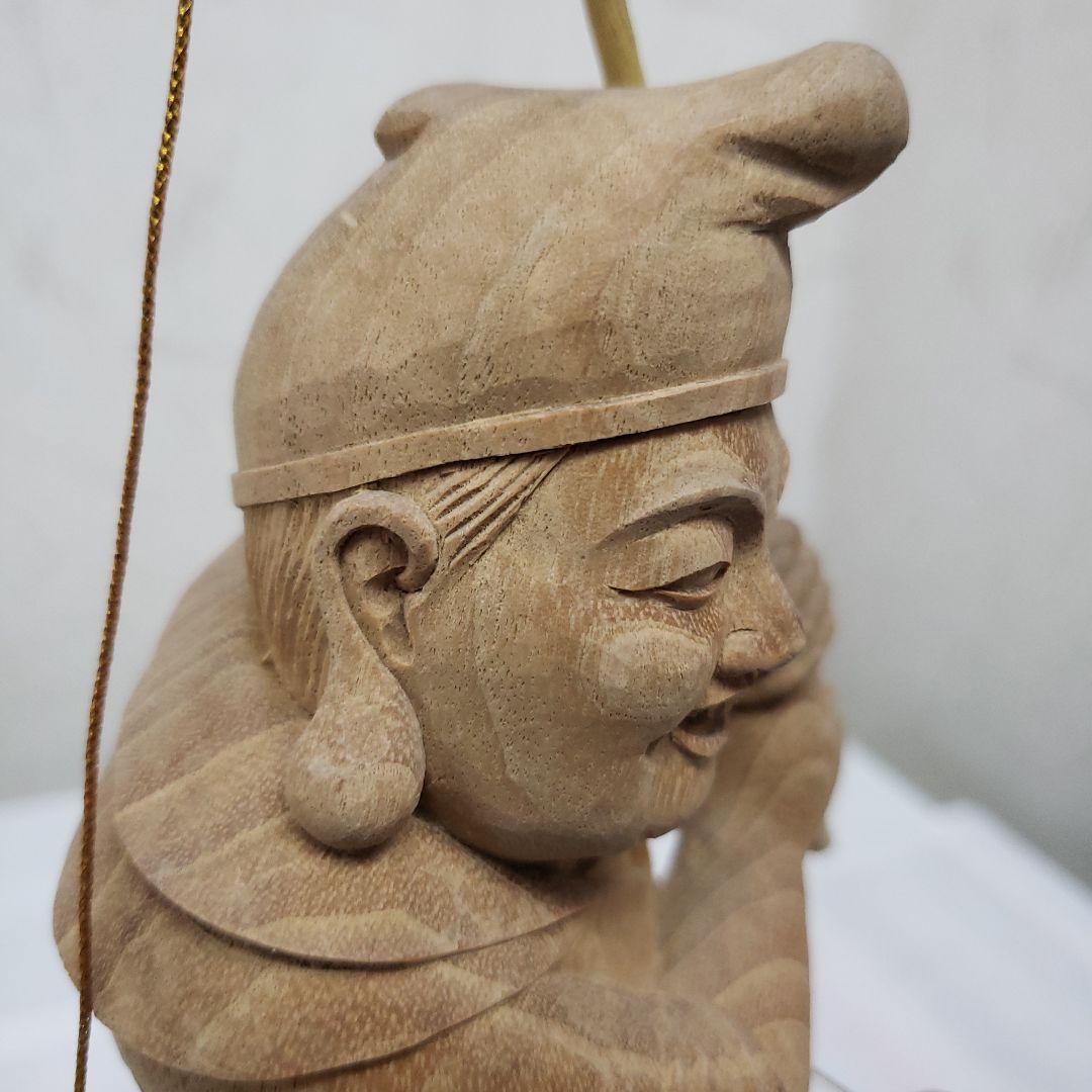 Ｂフライデー蔵出し特価縁起物七福神楠材恵比寿像えべっさん身丈23cm棹先34cm