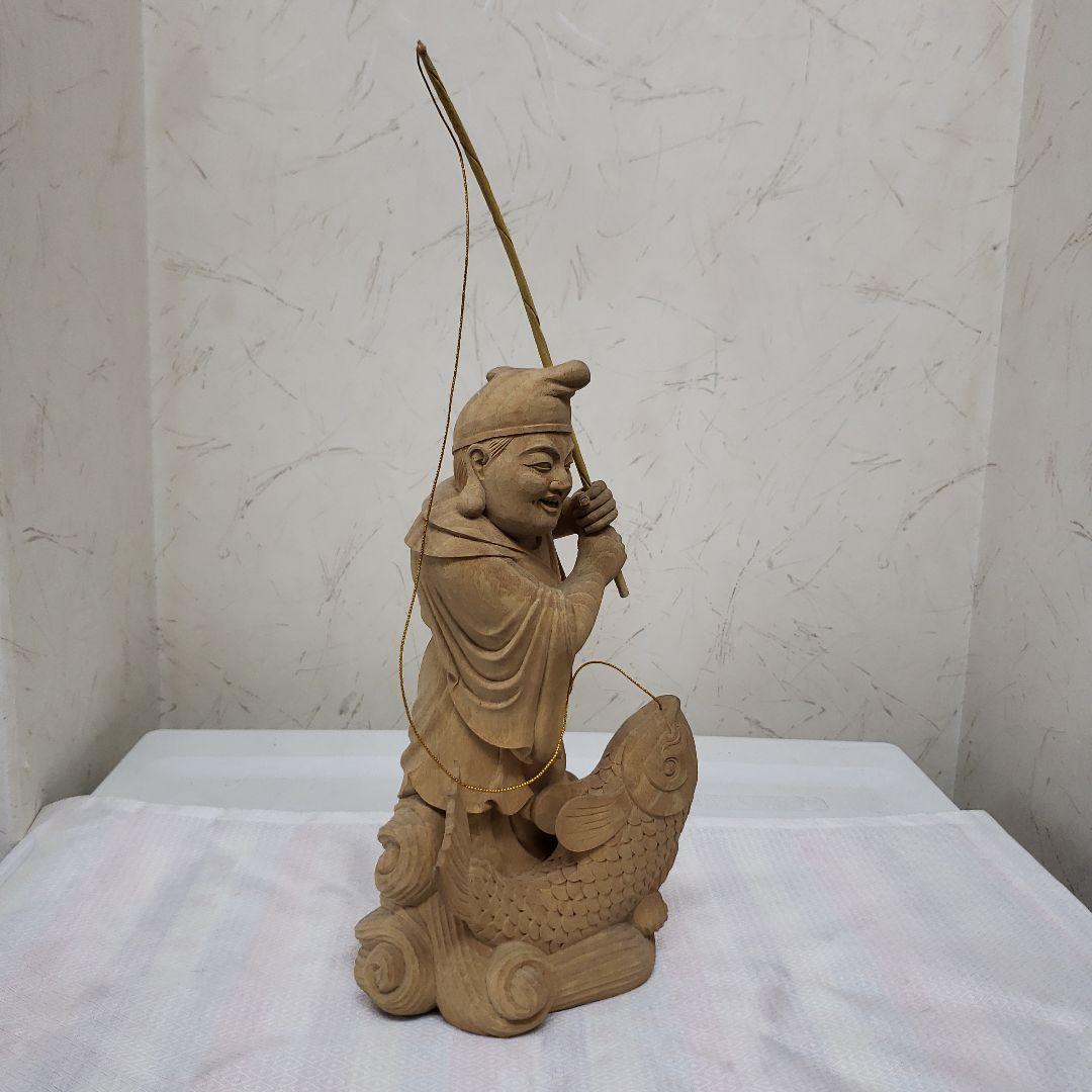 Ｂフライデー蔵出し特価縁起物七福神楠材恵比寿像えべっさん身丈23cm棹先34cm