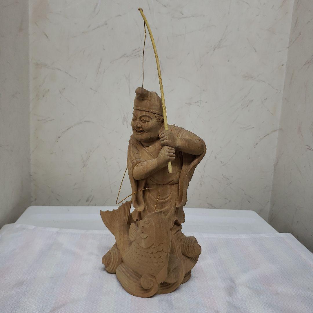 Ｂフライデー蔵出し特価縁起物七福神楠材恵比寿像えべっさん身丈23cm棹先34cm