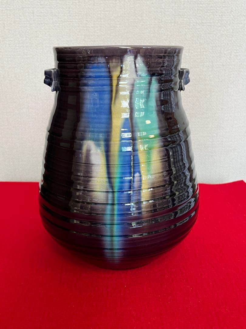 【大型】人間国宝 徳田八十吉  (正彦銘) 彩釉 耳付き 花瓶 管理T201