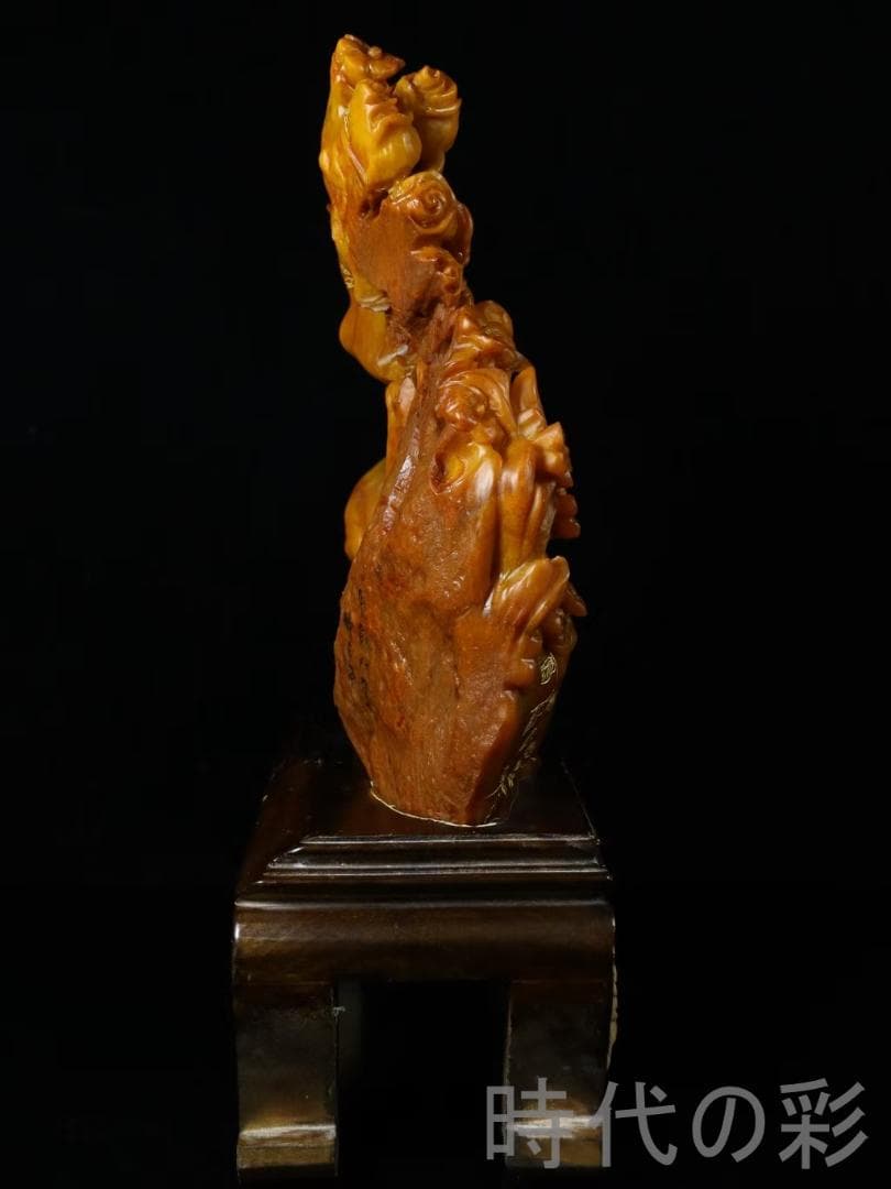 中国古美術【田黄石 錦上添花】篆刻家 醉石作款 鏤空細工 手彫り 細作 在銘