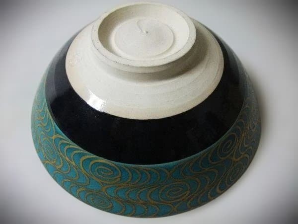 緑地金襴手波文 茶碗 平安「桐鳳」 手塚影雲 作 茶道具 抹茶茶碗 共布