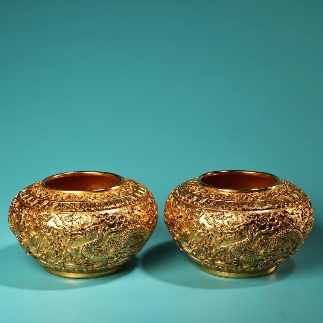 中国古美術・旧蔵収鎏金龍缶一対・純銅细密彫・純手作り・高浮彫・置物・酒器・茶道具