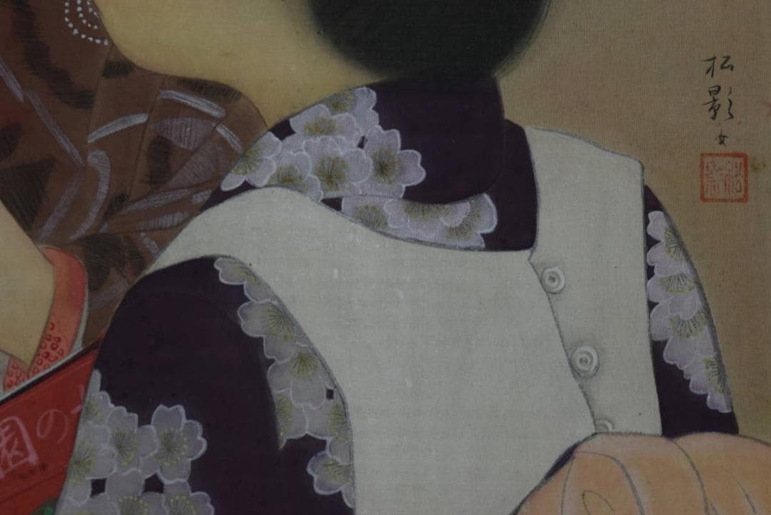 【真作】松影/少女図/シャボン玉/横物/掛軸/名家伝来/AA-294