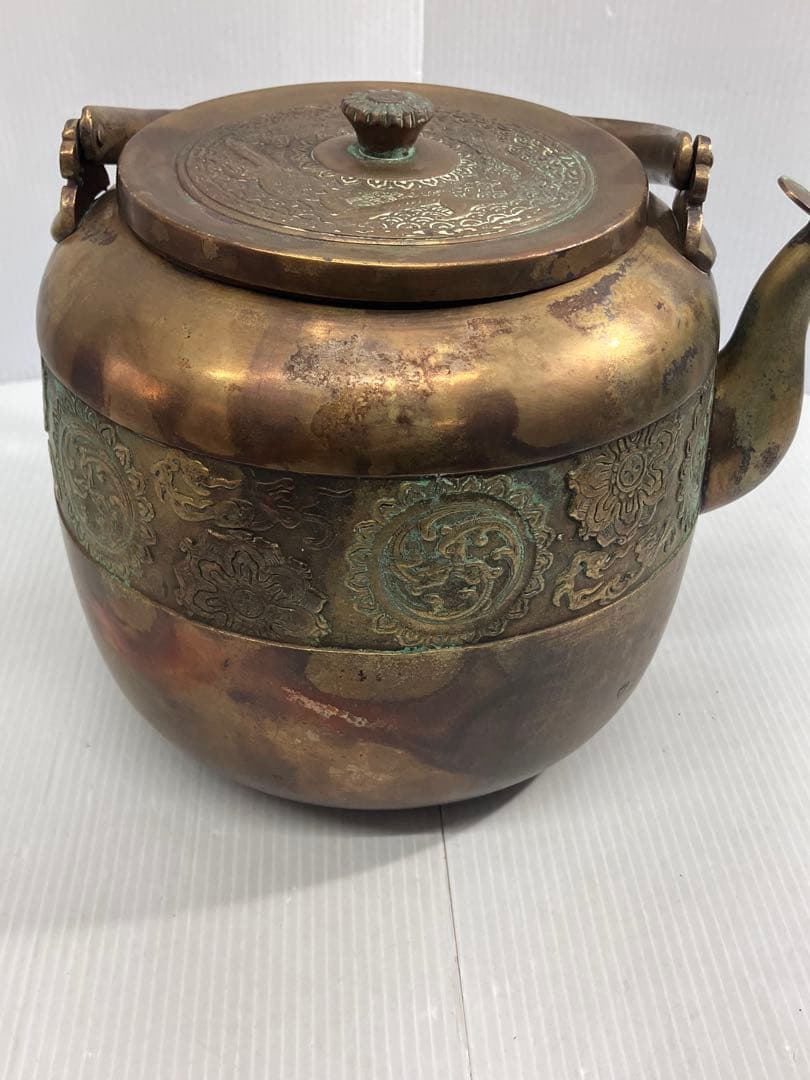 【時代物】銅製 薬缶 水注 湯沸 煎茶道具 毛彫 花文 唐草 骨董品