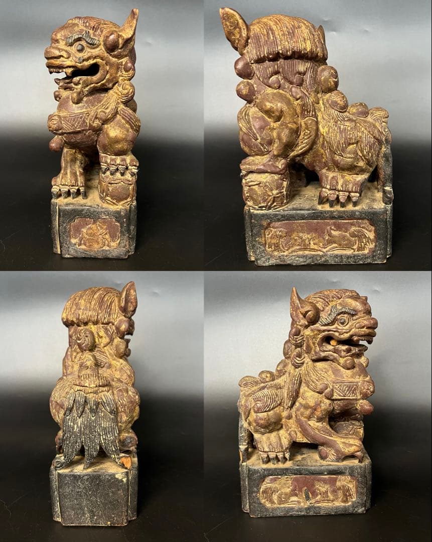 ◎古道具 庵々◎清朝中後期 木彫 守護獅子置物◎狛犬 唐物中国古美術 骨董古寺院