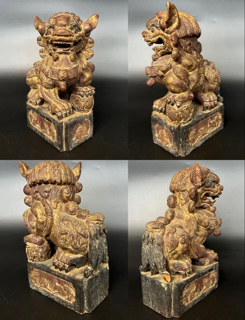 ◎古道具 庵々◎清朝中後期 木彫 守護獅子置物◎狛犬 唐物中国古美術 骨董古寺院