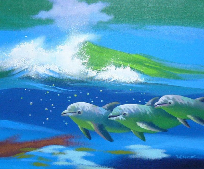 竹内敏彦 絵画 油絵 肉筆油絵 クリスタルブルー 海 ドルフィン  F12