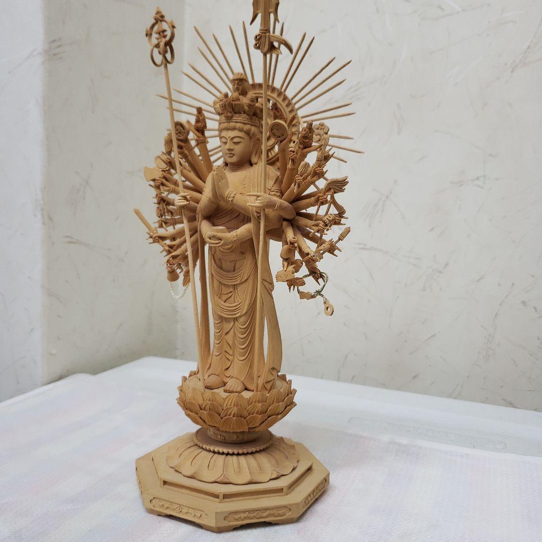 Ｂフライデー希少上彫り仏像★柘植材 千手観音菩薩像5寸立★全高 約30cm